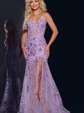 Lavender Strapless Embellished Prom Gown